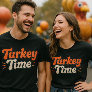 Person wearing the black thanksgiving t shirt women's graphic tee - "Turkey Time" design