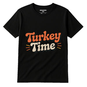 Black Thanksgiving T Shirt Women'S - "Turkey Time" graphic tee with orange print, flat lay product photo