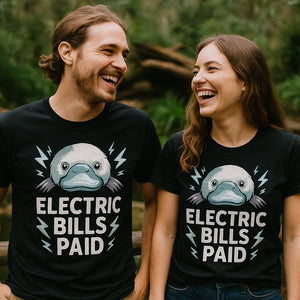 Person wearing the black platypus shirts graphic tee - "Electric Bills Paid" design