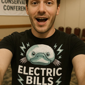 "Electric Bills Paid" black platypus shirts, photographed as platypus lover gift