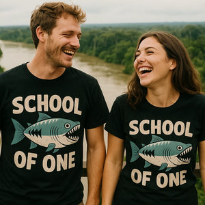 Person wearing the black piranha shirts graphic tee - "School of One" design