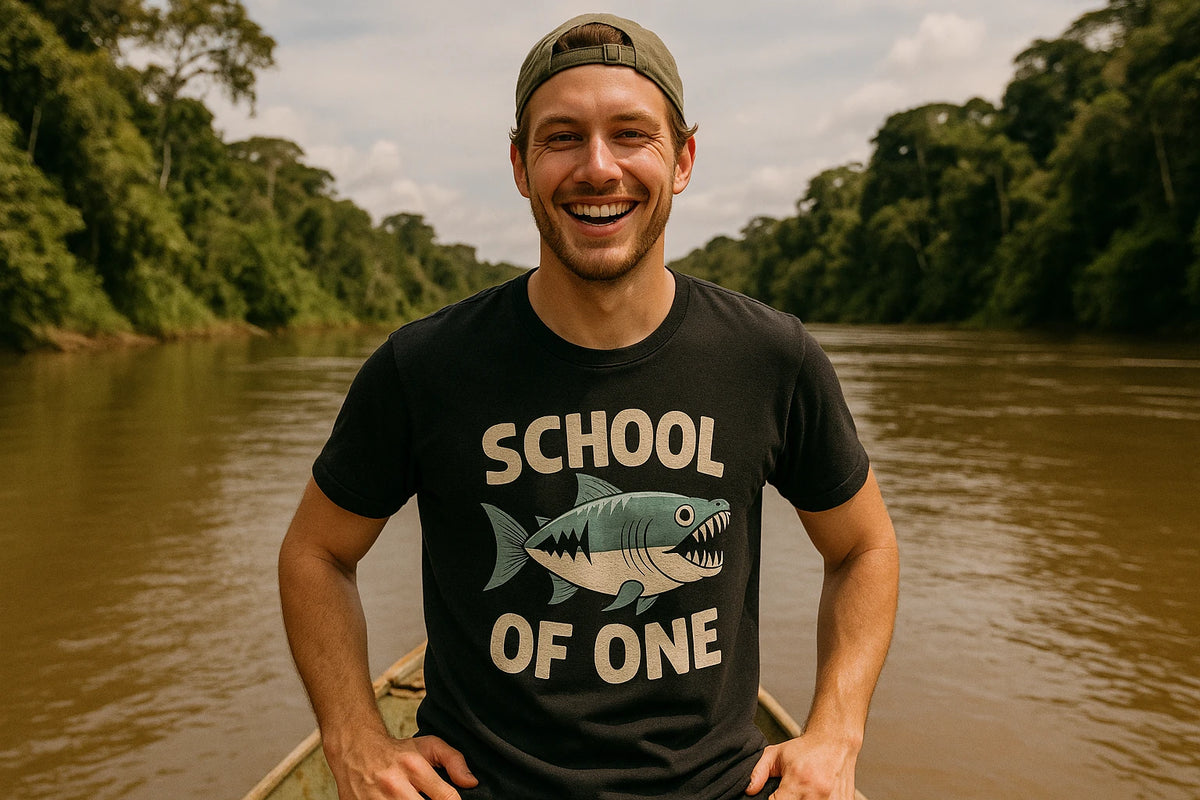 Lifestyle shot of the "School of One" black piranha shirts in a real-world setting
