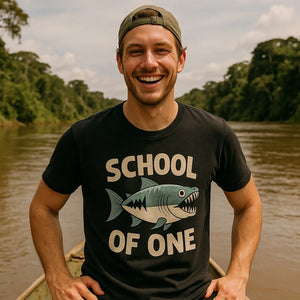 Lifestyle shot of the "School of One" black piranha shirts in a real-world setting