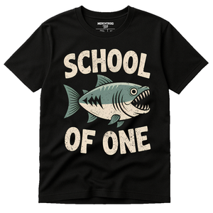 Black Piranha Shirts - "School of One" graphic tee with cream print, flat lay product photo
