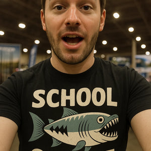 "School of One" black piranha shirts, photographed as piranha lover gift