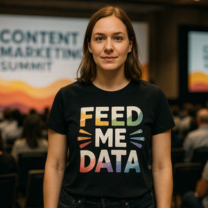 Lifestyle shot of the "Feed Me Data" black marketing manager t shirt in a real-world setting