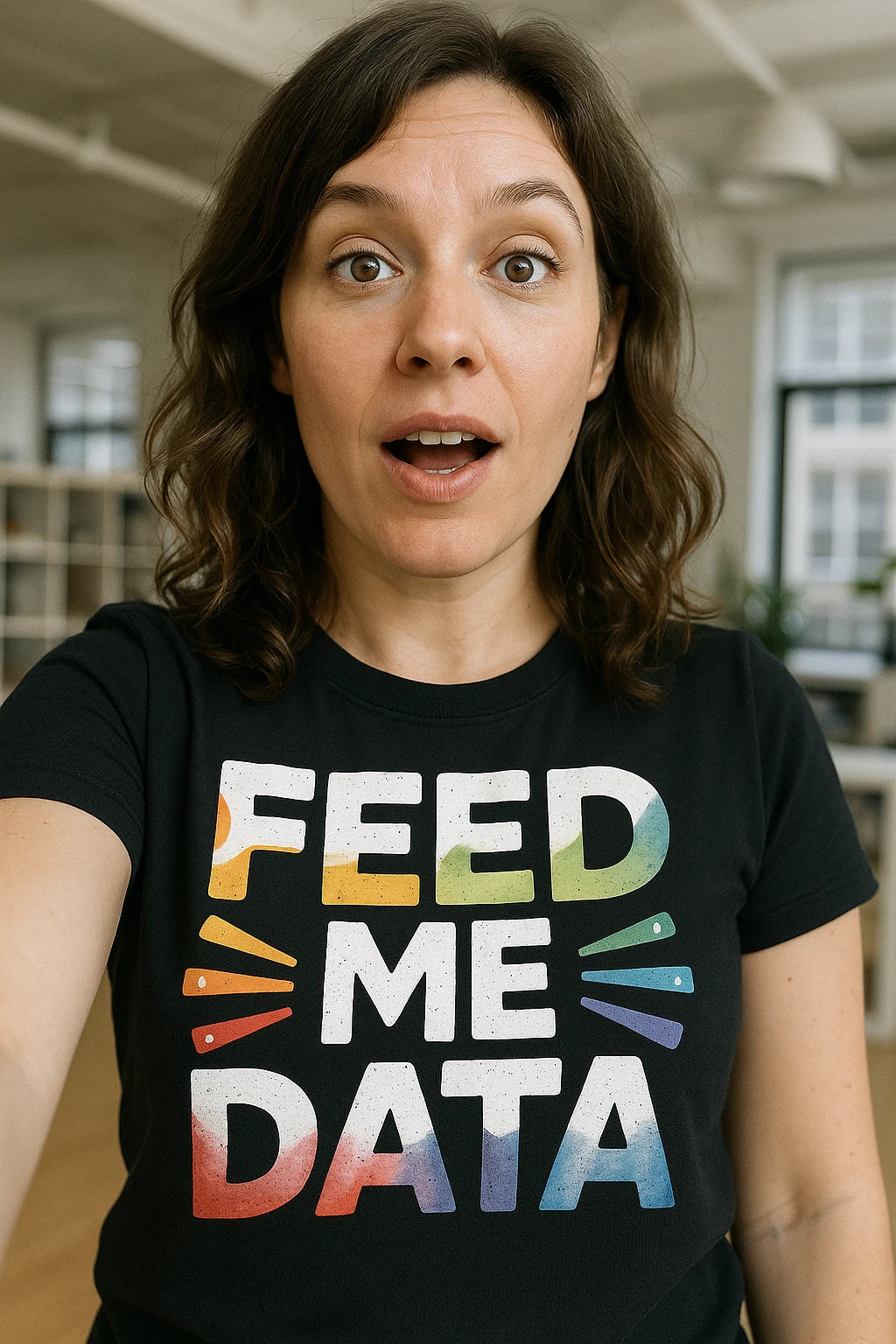 "Feed Me Data" black marketing manager t shirt, photographed as gift for marketing manager