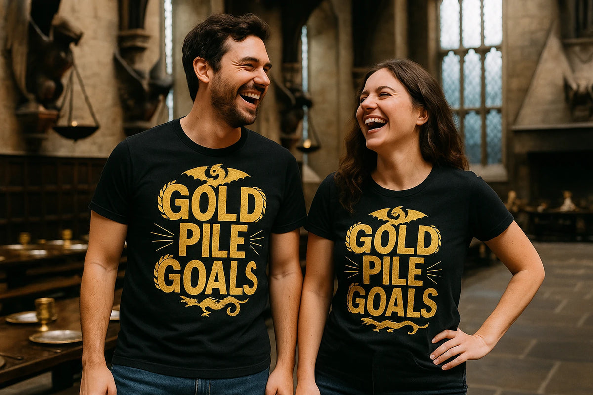 Person wearing the black dragons t shirt graphic tee - "Gold Pile Goals" design