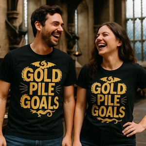Person wearing the black dragons t shirt graphic tee - "Gold Pile Goals" design