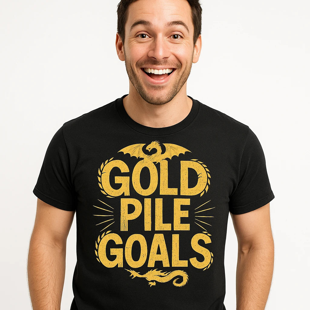 Close-up of the "Gold Pile Goals" yellow print on a premium Bella+Canvas black dragons t shirt