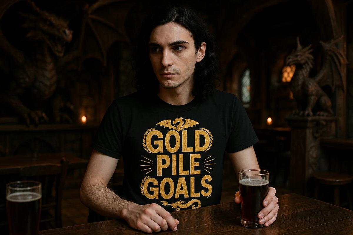 Lifestyle shot of the "Gold Pile Goals" black dragons t shirt in a real-world setting