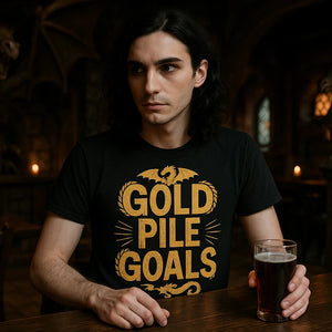 Lifestyle shot of the "Gold Pile Goals" black dragons t shirt in a real-world setting