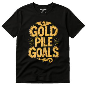 Black Dragons T Shirt - "Gold Pile Goals" graphic tee with yellow print, flat lay product photo