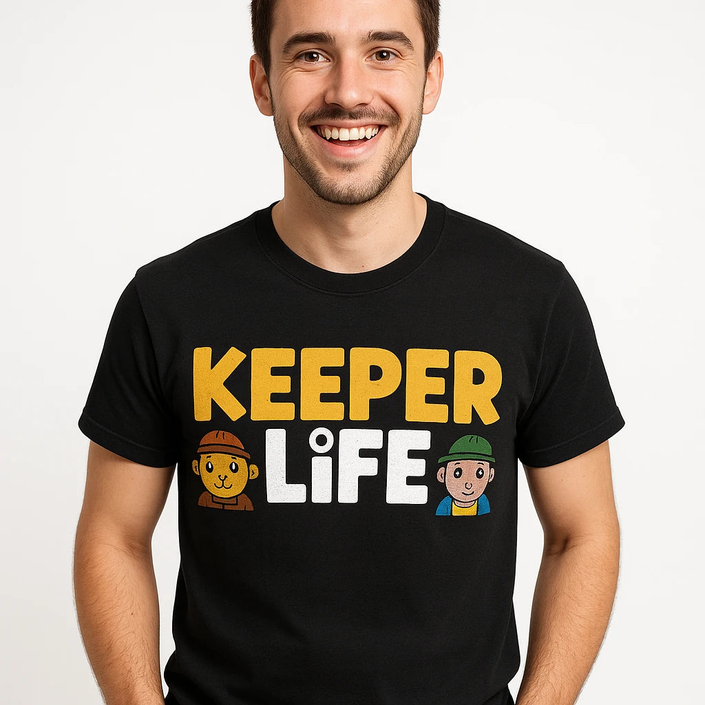 Close-up of the "Keeper Life" gold print on a premium Bella+Canvas black zookeeper shirts