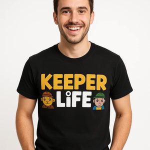 Close-up of the "Keeper Life" gold print on a premium Bella+Canvas black zookeeper shirts