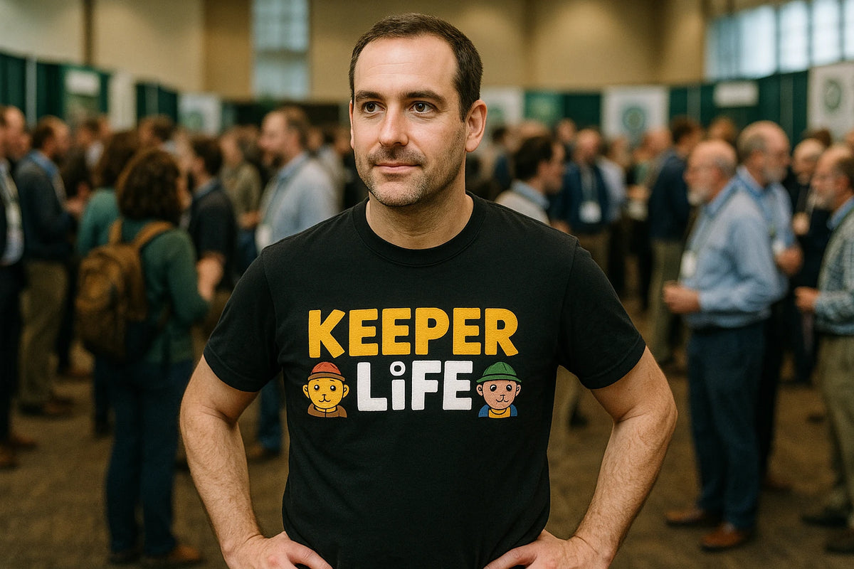 Lifestyle shot of the "Keeper Life" black zookeeper shirts in a real-world setting