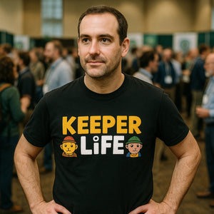 Lifestyle shot of the "Keeper Life" black zookeeper shirts in a real-world setting