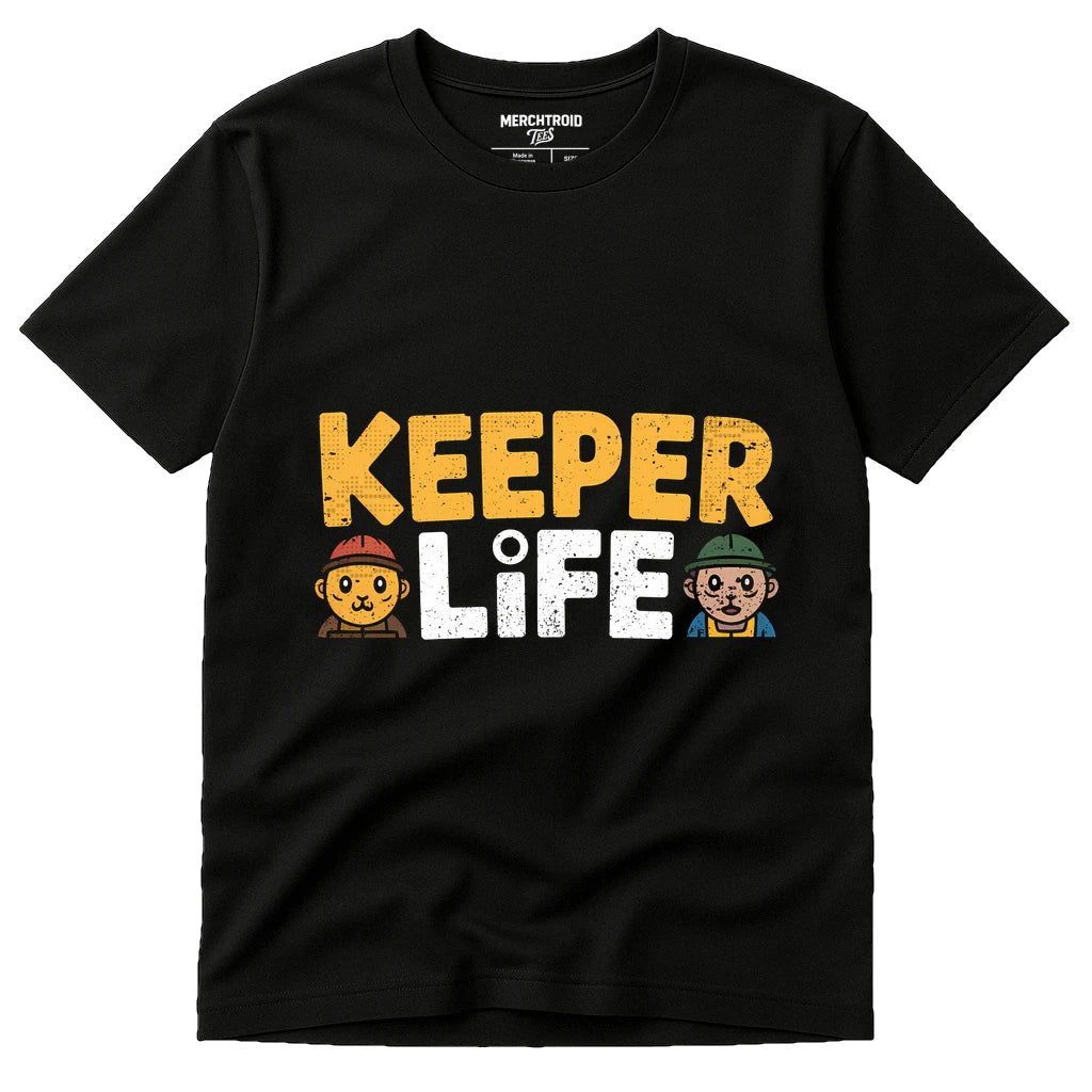 Black Zookeeper Shirts - "Keeper Life" graphic tee with gold print, flat lay product photo