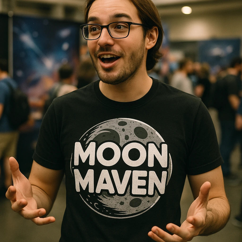 "Moon Maven" black howling at the moon t shirt, photographed as gifts for moon lovers