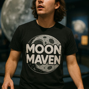 "Moon Maven" black howling at the moon t shirt - also a the moon lover gift ideas