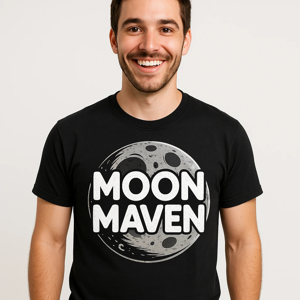 Close-up of the "Moon Maven" white print on a premium Bella+Canvas black howling at the moon t shirt