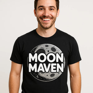 Close-up of the "Moon Maven" white print on a premium Bella+Canvas black howling at the moon t shirt