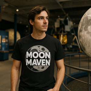Lifestyle shot of the "Moon Maven" black howling at the moon t shirt in a real-world setting