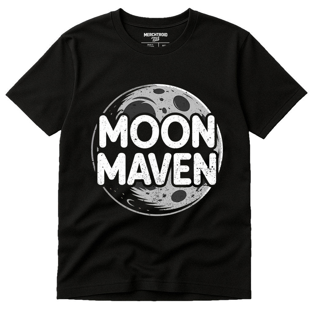 Black Howling At The Moon T Shirt - "Moon Maven" graphic tee with white print, flat lay product photo