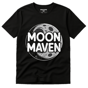 Black Howling At The Moon T Shirt - "Moon Maven" graphic tee with white print, flat lay product photo