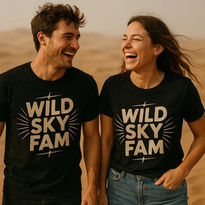 Person wearing the black storms t shirt graphic tee - "Wild Sky Fam" design