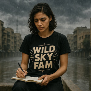 Lifestyle shot of the "Wild Sky Fam" black storms t shirt in a real-world setting