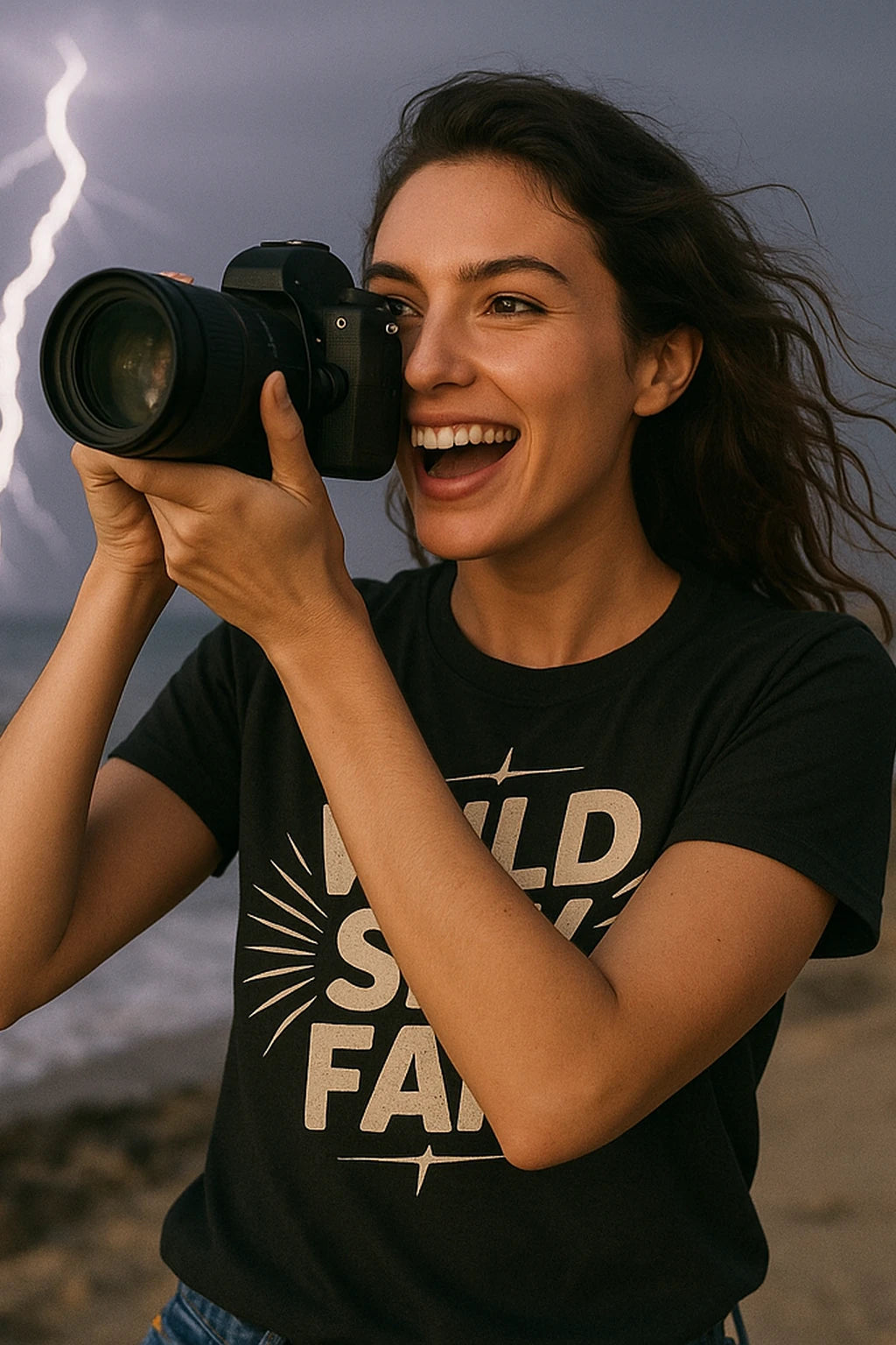 "Wild Sky Fam" black storms t shirt, photographed as storms lover gift