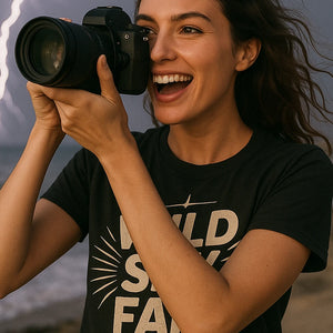 "Wild Sky Fam" black storms t shirt, photographed as storms lover gift