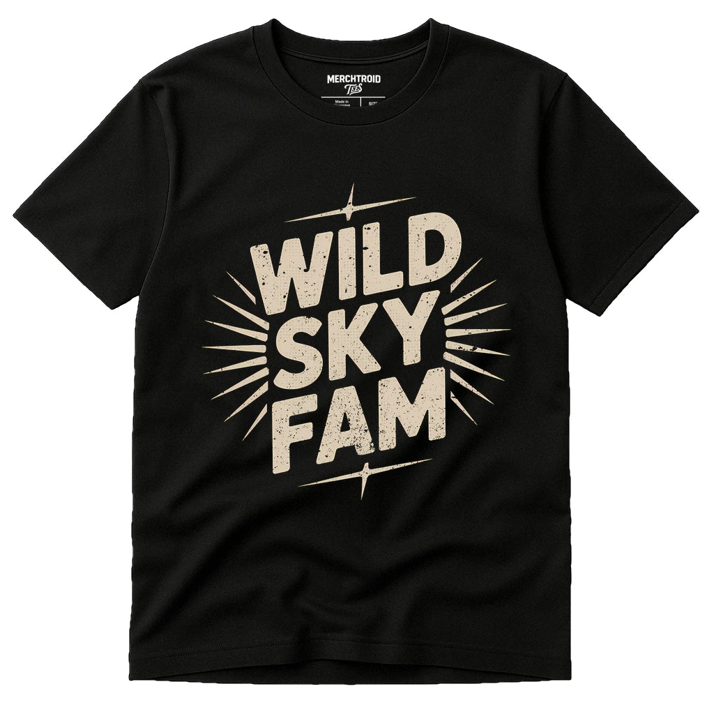Black Storms T Shirt - "Wild Sky Fam" graphic tee with beige print, flat lay product photo