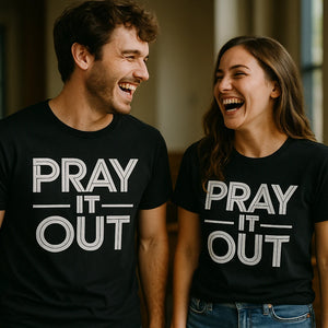 Person wearing the black men's faith shirts graphic tee - "Pray It Out" design