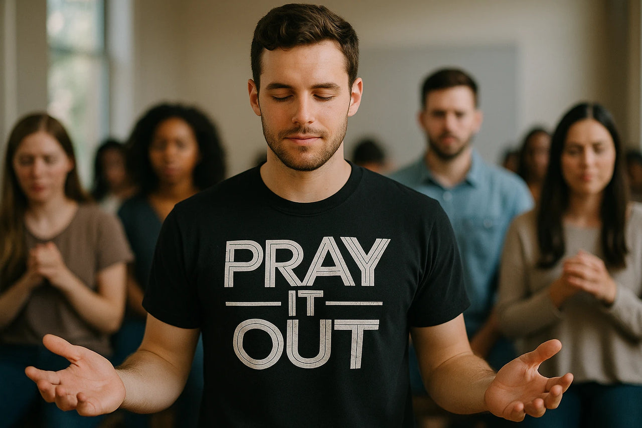 A man with closed eyes stands in a room, wearing a black T-shirt with the text "PRAY IT OUT." His arms are slightly extended with palms open, and he is surrounded by a group of people, also with closed eyes, in a reflective or prayerful stance.