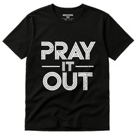 A black T-shirt with bold, white text reading 