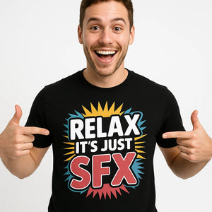 Close-up of the "Relax It'S Just Sfx" gray print on a premium Bella+Canvas black makeup artist shirts