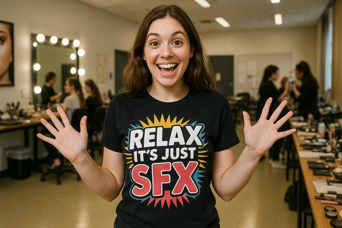 Lifestyle shot of the "Relax It'S Just Sfx" black makeup artist shirts in a real-world setting