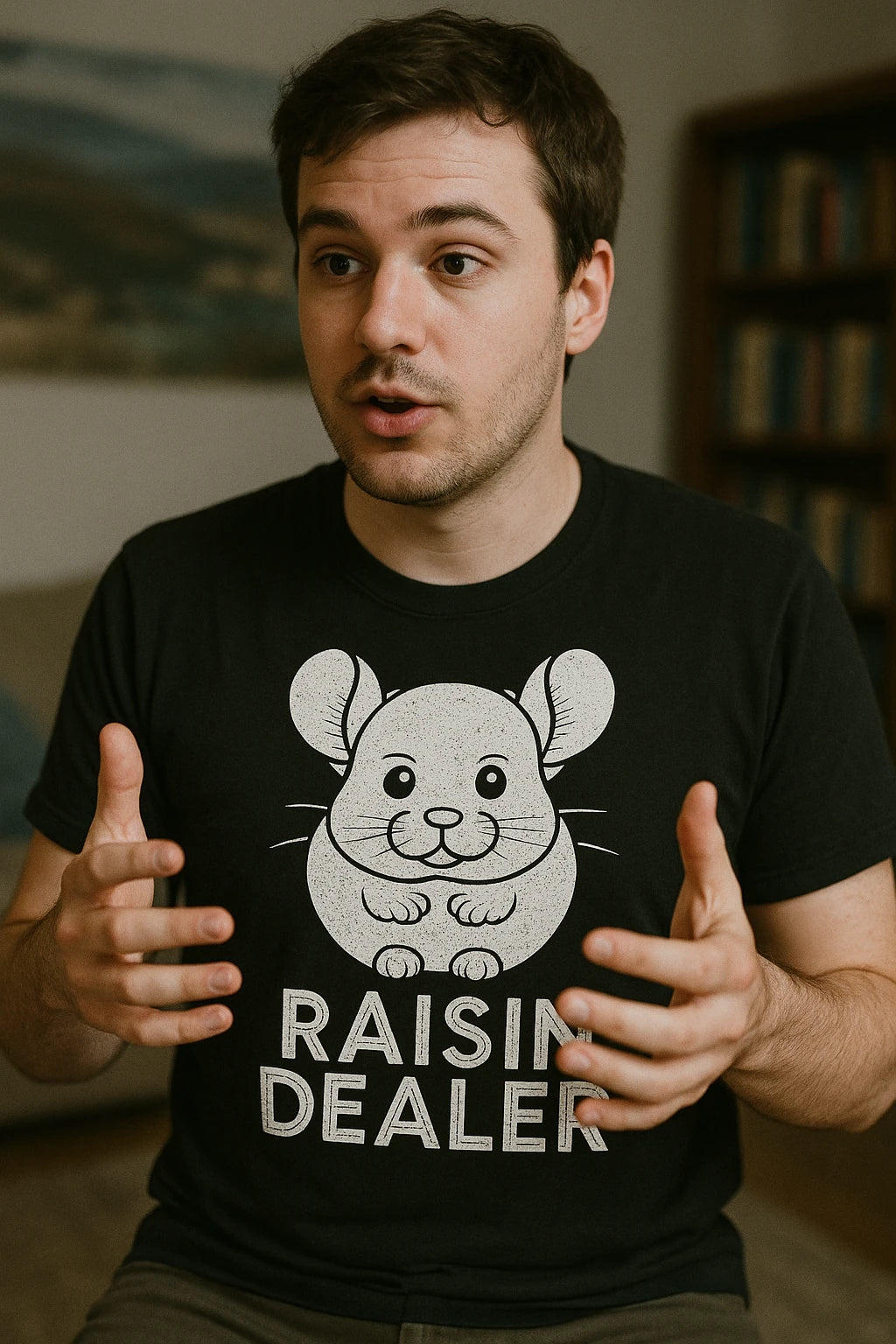 "Raisin Dealer" black chinchilla t shirt, photographed as gifts for chinchilla lovers
