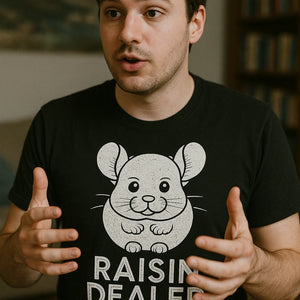 "Raisin Dealer" black chinchilla t shirt, photographed as gifts for chinchilla lovers