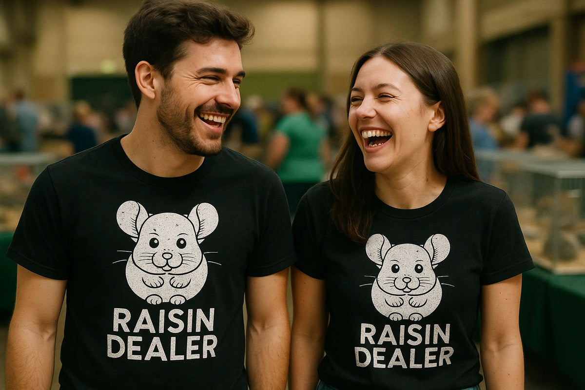 Person wearing the black chinchilla t shirt graphic tee - "Raisin Dealer" design