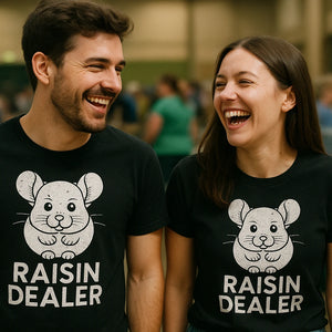 Person wearing the black chinchilla t shirt graphic tee - "Raisin Dealer" design