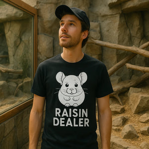 Lifestyle shot of the "Raisin Dealer" black chinchilla t shirt in a real-world setting