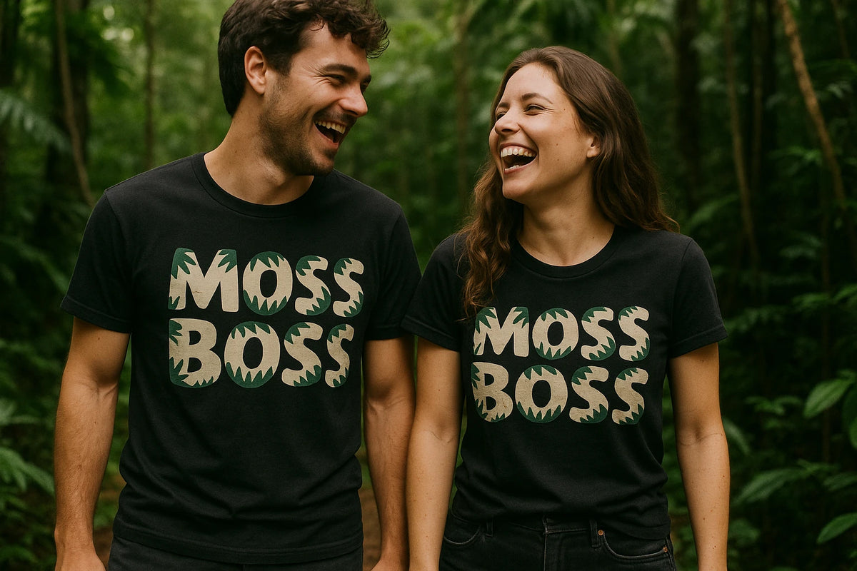 Person wearing the black hoh rainforest t shirt graphic tee - "Moss Boss" design