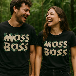 Person wearing the black hoh rainforest t shirt graphic tee - "Moss Boss" design