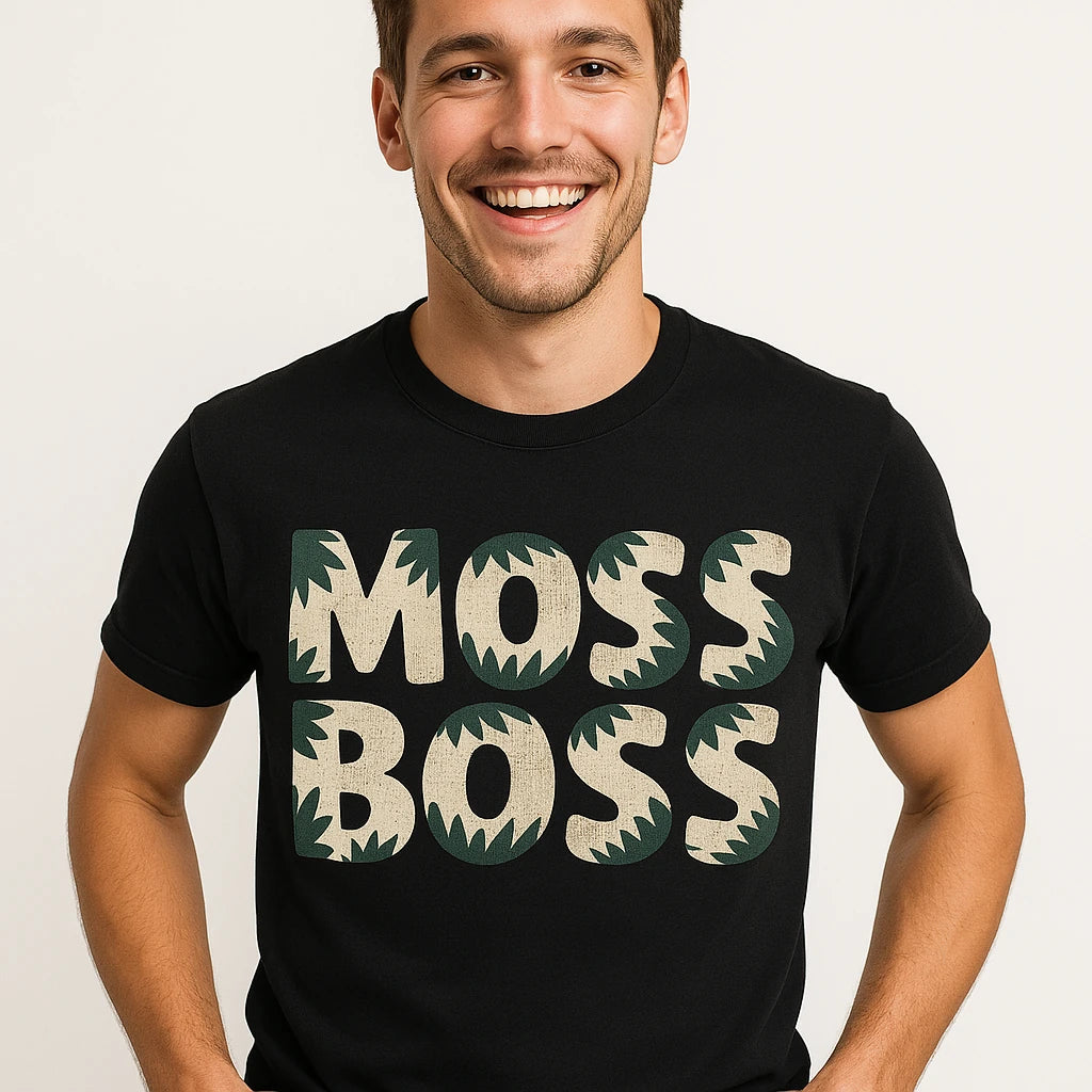 Close-up of the "Moss Boss" beige print on a premium Bella+Canvas black hoh rainforest t shirt
