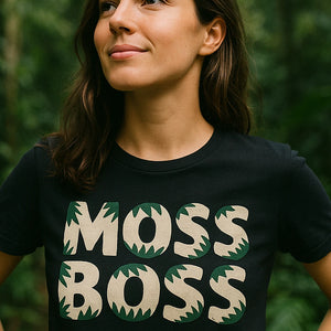 "Moss Boss" black hoh rainforest t shirt, photographed as rainforest lover gift