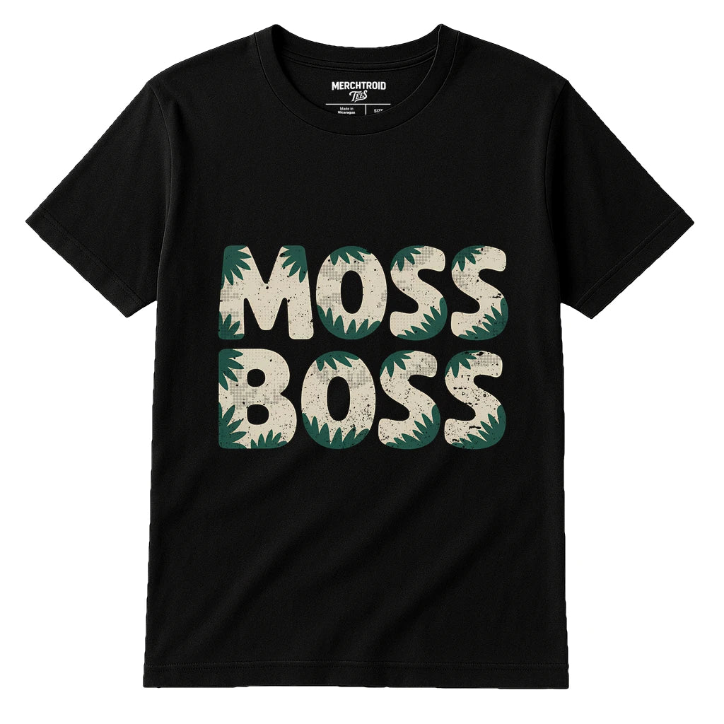 Black Hoh Rainforest T Shirt - "Moss Boss" graphic tee with beige print, flat lay product photo