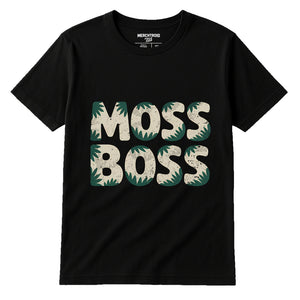 Black Hoh Rainforest T Shirt - "Moss Boss" graphic tee with beige print, flat lay product photo